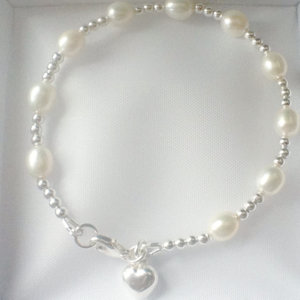 White Pearl Heart Charm Bracelet, Sterling Silver Bracelet,  Bridal Jewellery