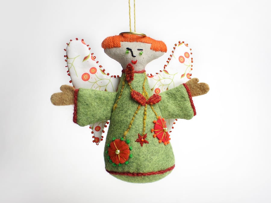 Mid-century angel - a sage green felt hanging ornament with hand embroidery