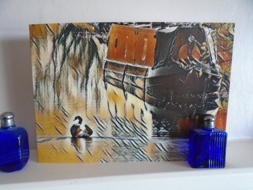 Swan and Boat Norfolk Fens Blank Greeting Card & Envelope Unique Design 