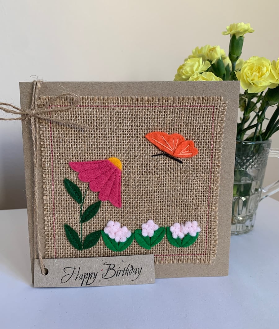 Handmade birthday card. Flower and butterfly. Keepsake card.