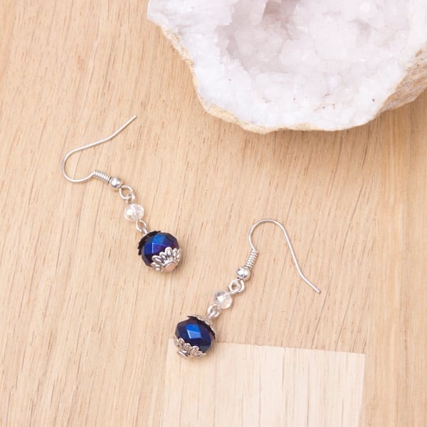  Deep Blue Bead Earrings - Metallic navy and clear sparkle dangle earrings