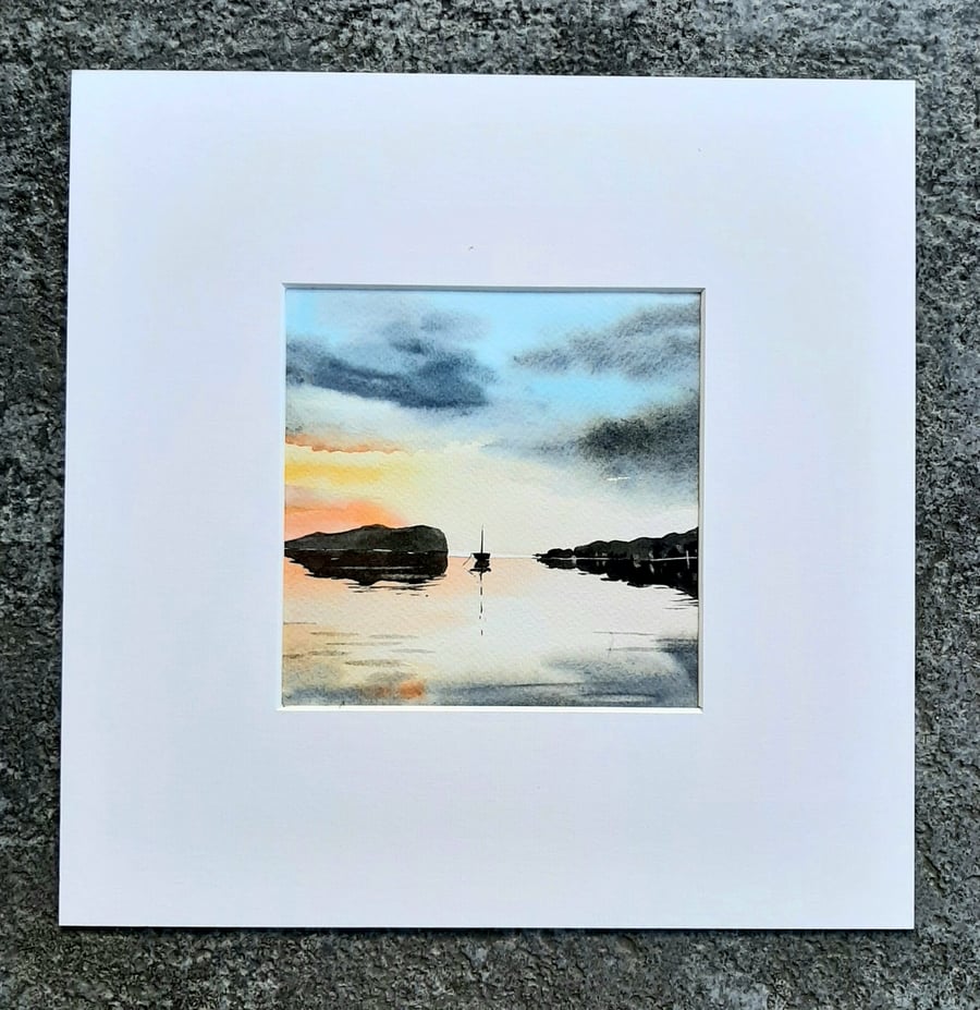 Sunrise.  Original Watercolour Painting of Sun on A  Loch. Gift. Wall Art