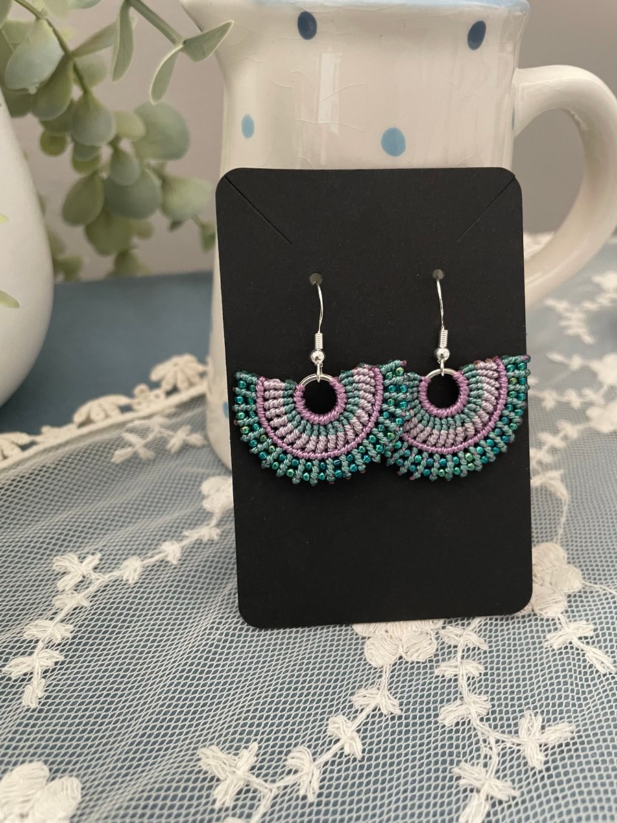 earrings, beautiful unique hoop fan shape micro macrame beaded earrings, yoga 