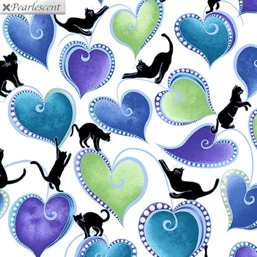 Cat-i-tude Singing the Blues remnant - Hearts and Cats white multi - Benartex 