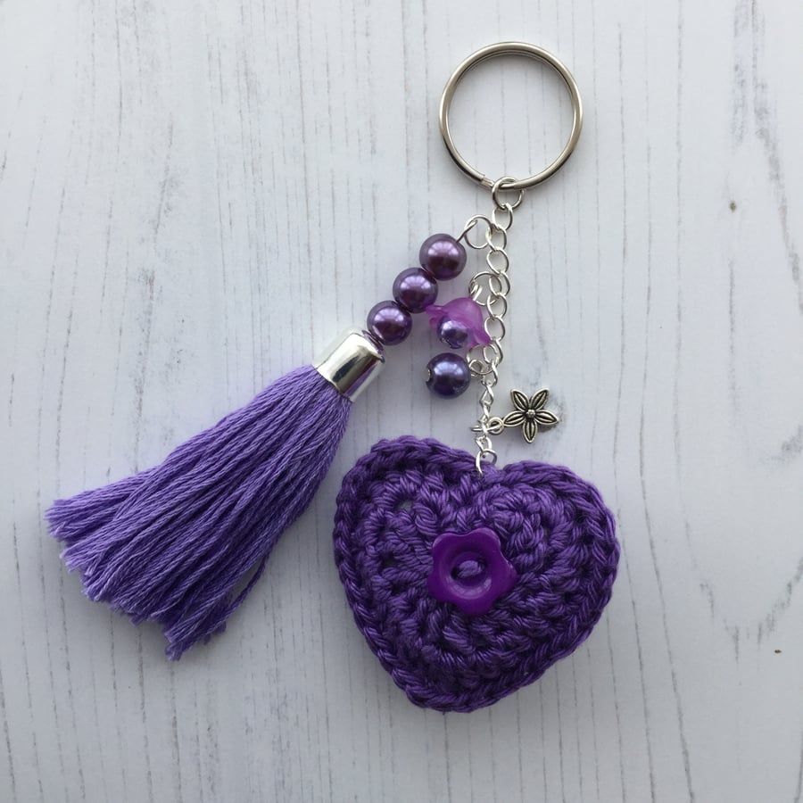 Crochet Heart and Handmade Beaded Tassel Keyring Bag Charm in Purple