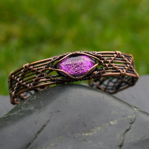 Copper Wire Wrapped Cuff with Purple Dichroic Glass