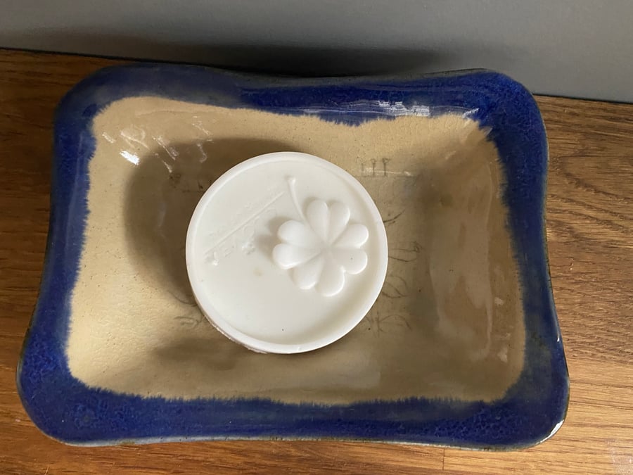 Large blue soap dish or trinket dish with stamped flower design stoneware