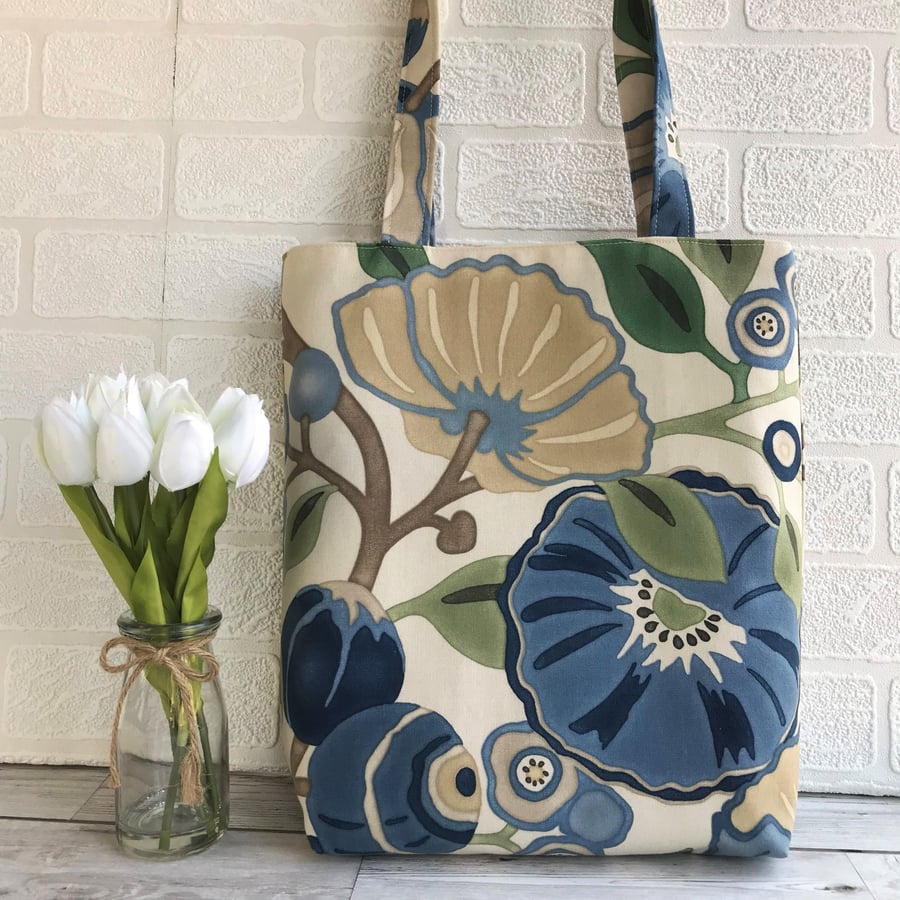 Floral tote bag with bold blue and beige flowers