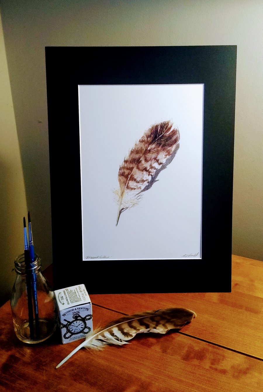 A4 signed print of an original painting - A Buzzard Feather