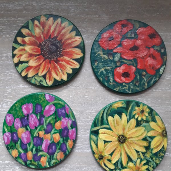 Flowers, Hand painted Wooden Coaster set of 4 and holder