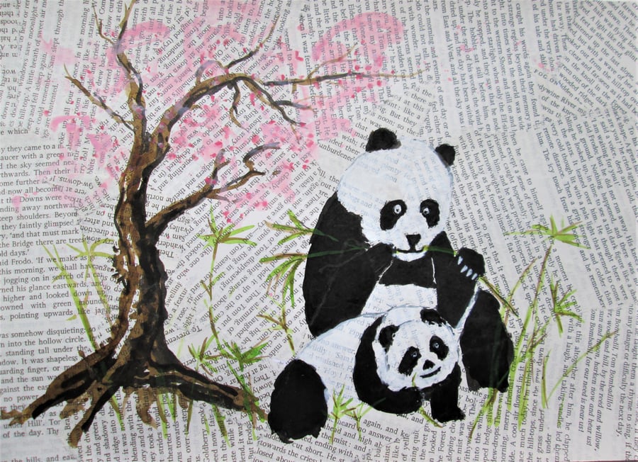 Panda mother and baby on book page Original Painting
