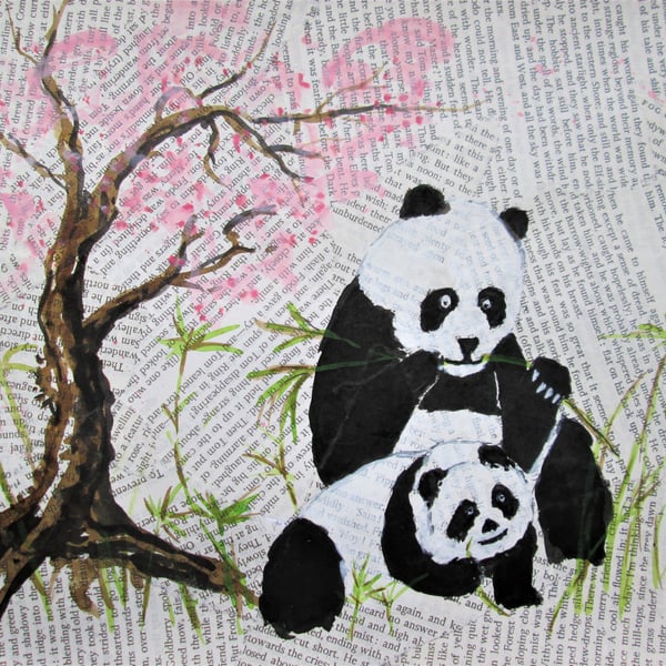 Panda mother and baby on book page Original Painting