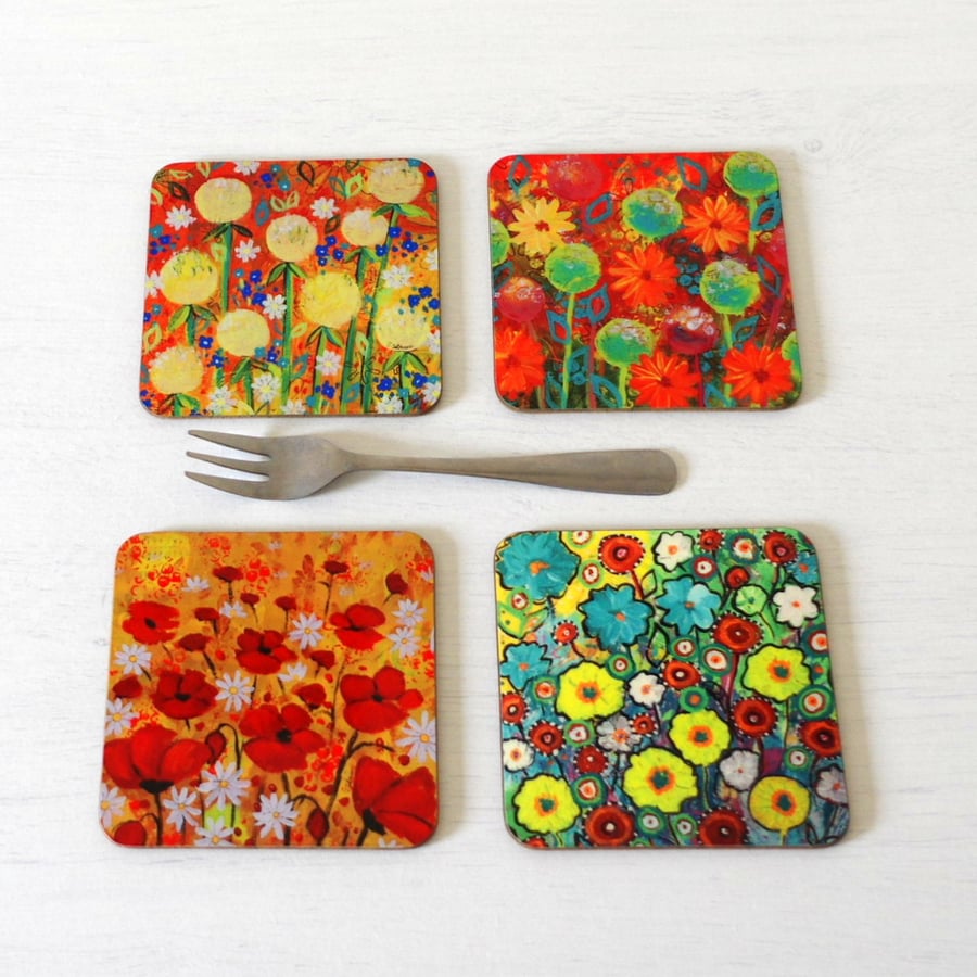 Flowers Coasters set of 4, Artist Paintings Floral Coasters, Gloss Coasters