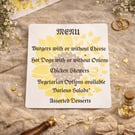 Sunflower Wedding Menu Card.  Rustic Wedding Food Menu. Garden Wedding