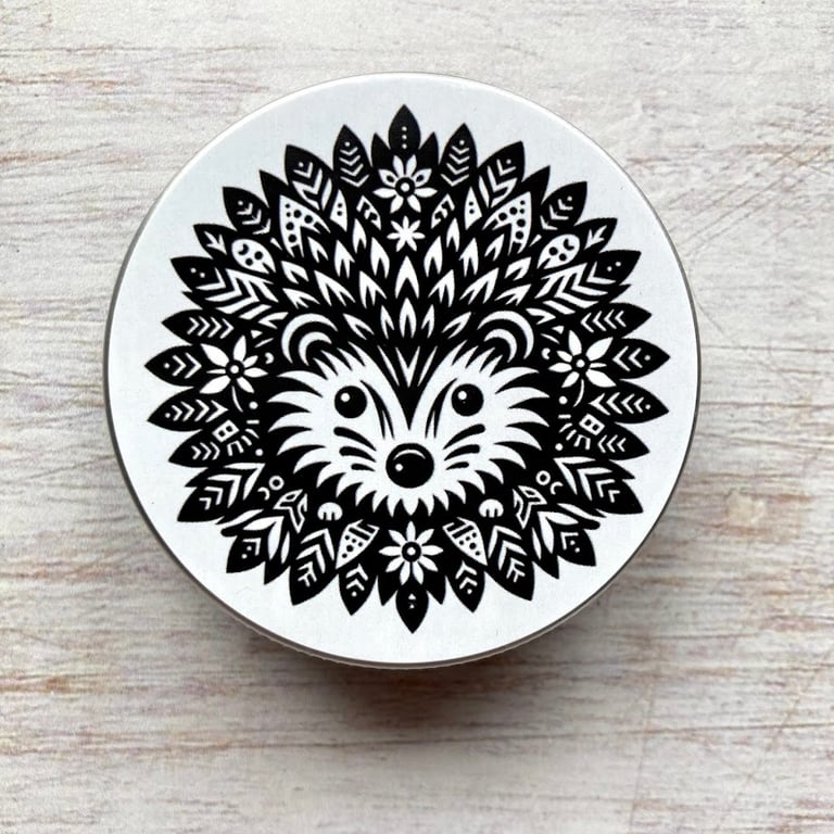 Storage tin folk art hedgehog stitch markers, beads, knitting and sewing