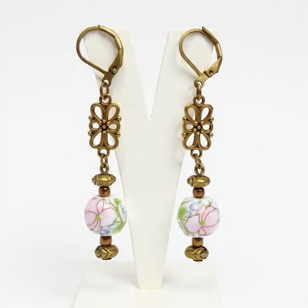 Bronze & Porcelain Bead Earrings
