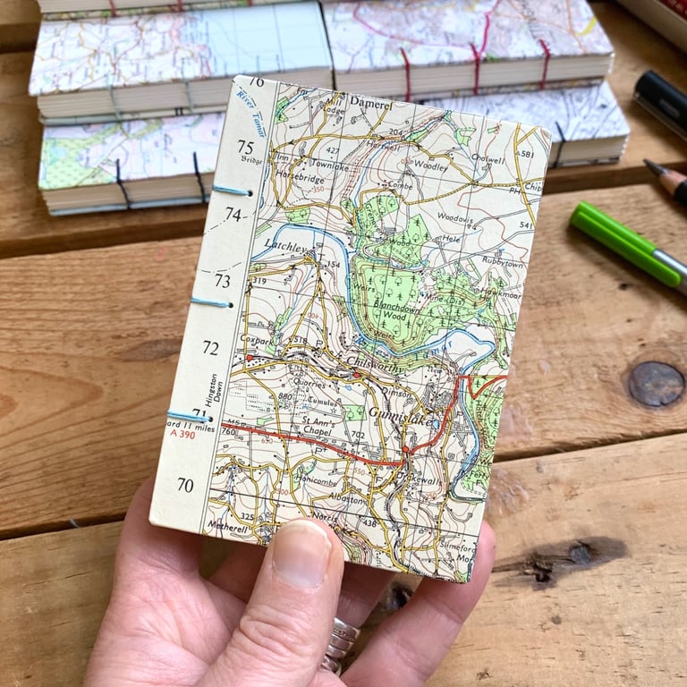 A7 Pocket Sketchbook with Recycled Map Covers and Mixed-Media Pages. Tamar.