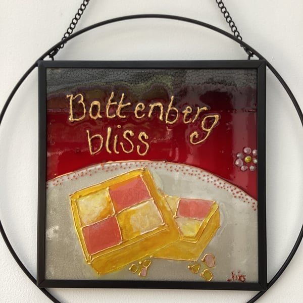  Battenberg cake pink yellow gold red framed glass art 