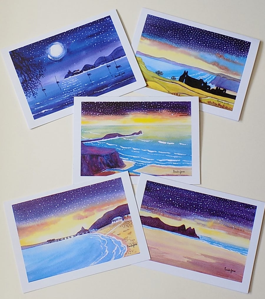 Mumbles, Gower, at Night, Set of 5, Art Greetings Cards, A5, Blank inside 