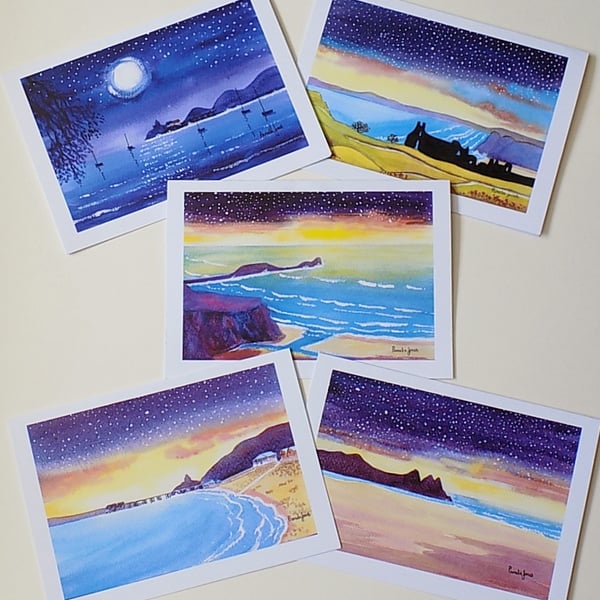 Mumbles, Gower, at Night, Set of 5, Art Greetings Cards, A5, Blank inside 