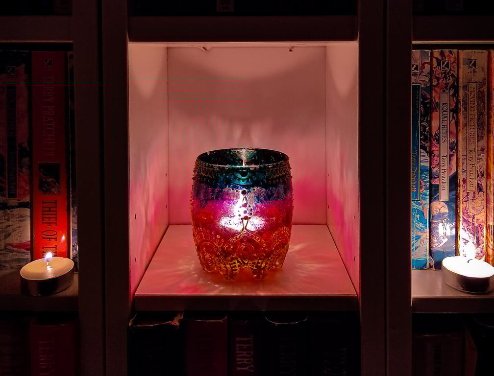 Glass painted ombre candleholder with Hindi golden design, tea light holder