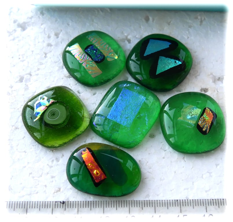 6 green fused glass Dichroic decorated cabochons, flat back nuggets jewellery