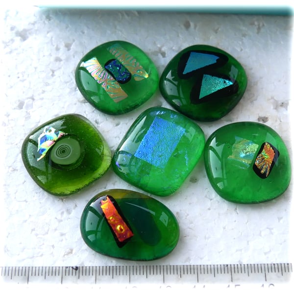 6 green fused glass Dichroic decorated cabochons, flat back nuggets jewellery