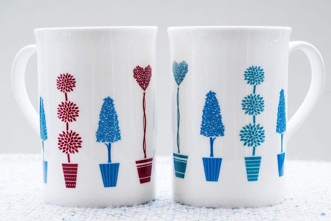 Fine Bone China Mug with container shrubs or trees in pots - gift for gardeners!