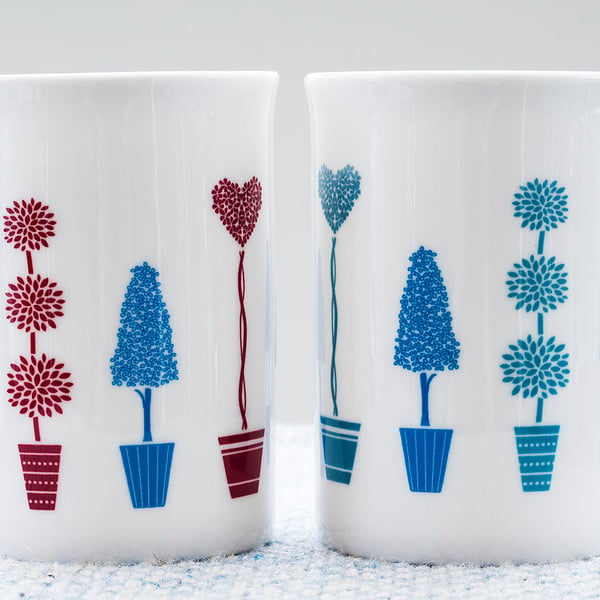 Fine Bone China Mug with container shrubs or trees in pots - gift for gardeners!