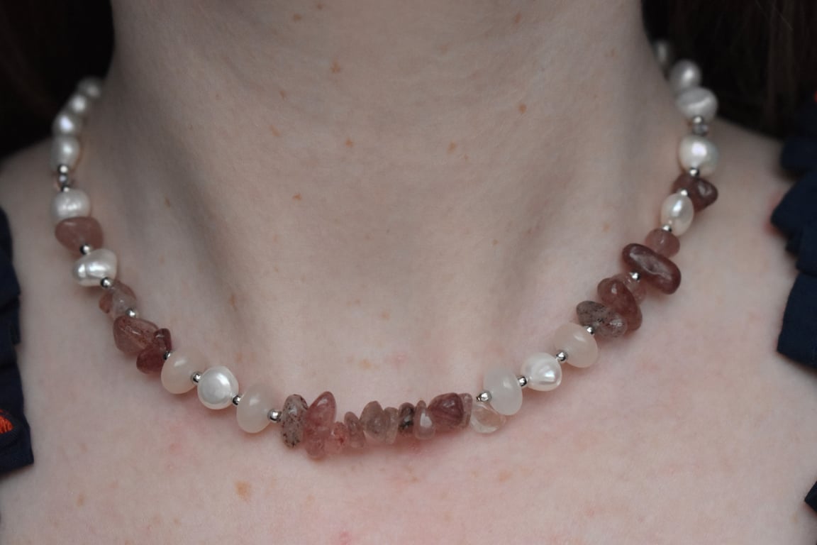 White Freshwater Pearl & Pink Strawberry Quartz Necklace