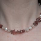 White Freshwater Pearl & Pink Strawberry Quartz Necklace