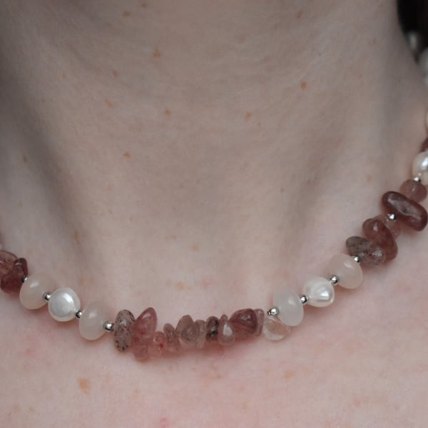 White Freshwater Pearl & Pink Strawberry Quartz Necklace