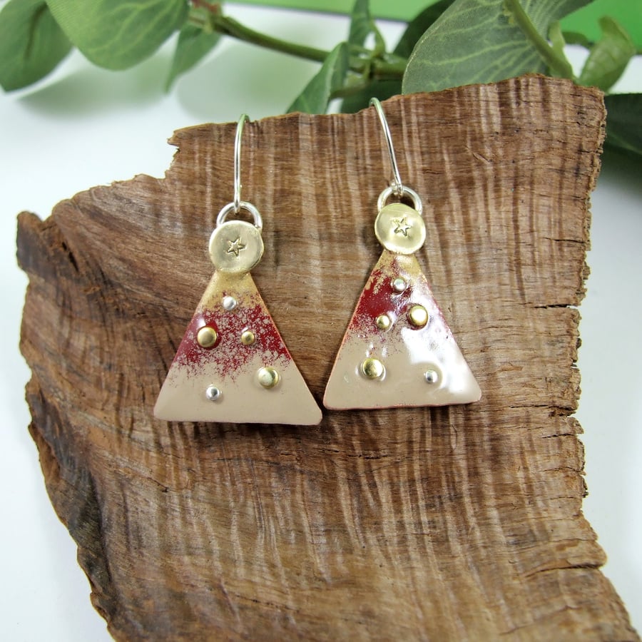 Christmas Earrings, Sterling Silver and Copper with Red & Gold Enamel