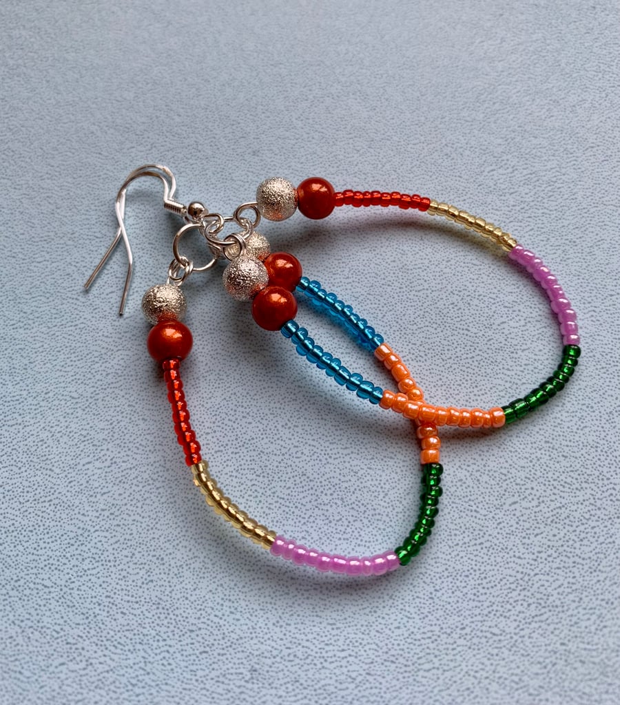 Multi-Coloured Rainbow Colours Beaded Boho Style Hoop Earrings 925 Silver Hooks