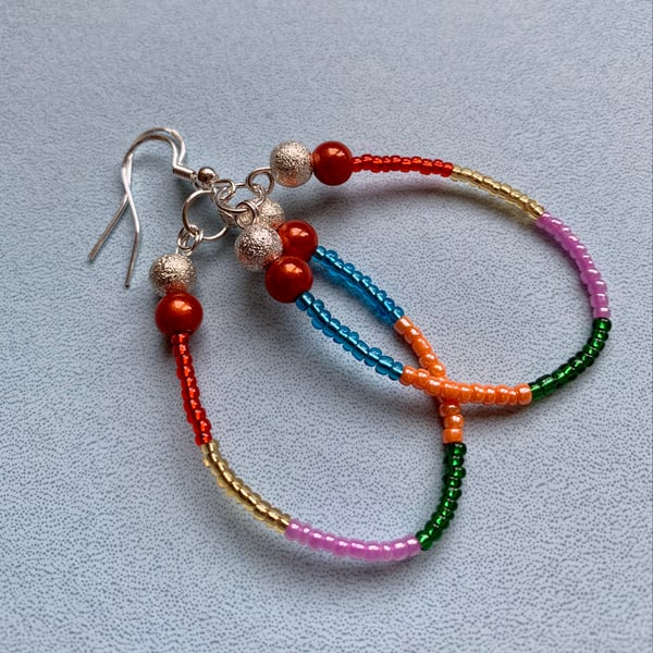 Multi-Coloured Rainbow Colours Beaded Boho Style Hoop Earrings 925 Silver Hooks