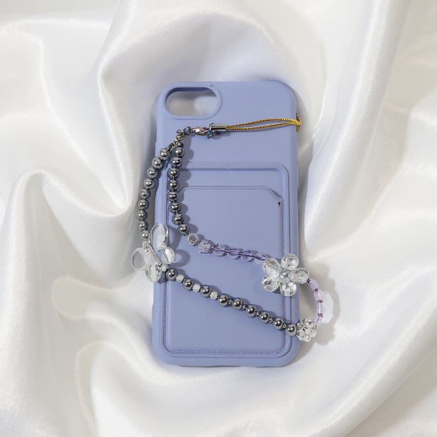 Handmade Beaded Phone Strap with Faux Pearls, Butterfly & Flower Charms