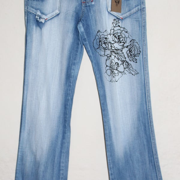 Reworked jeans,Ladies UK size 8,Eco bee screen print unique,vintage 90's jeans,