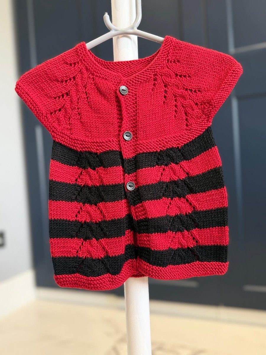 Hand-Knitted Red Black Striped Baby Vest with Eyelet Lace (9-12m)