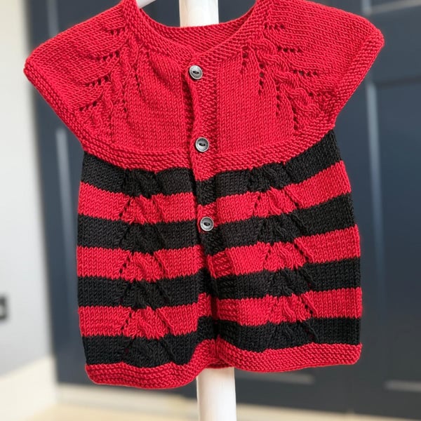 Hand-Knitted Red Black Striped Baby Vest with Eyelet Lace (9-12m)