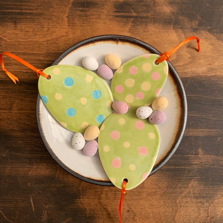 Easter Egg Porcelain Hanging Decoration - Green with Yellow, Blue and Pink dots