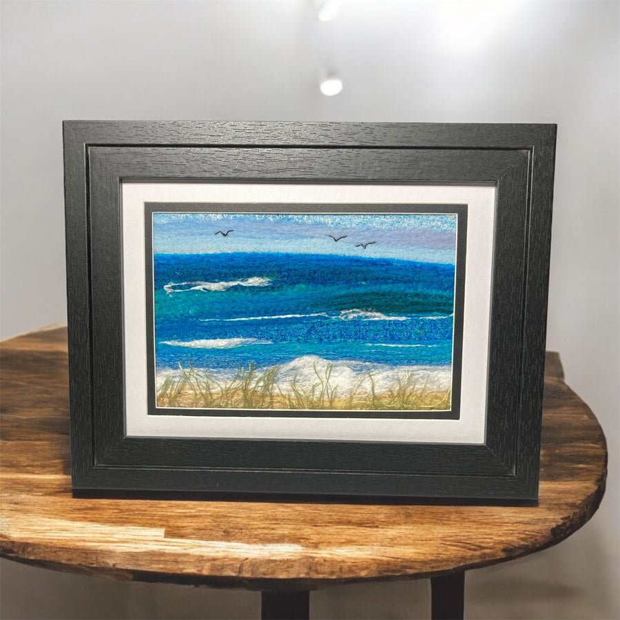 Needle felted picture, silk and wool textile art, beach scene
