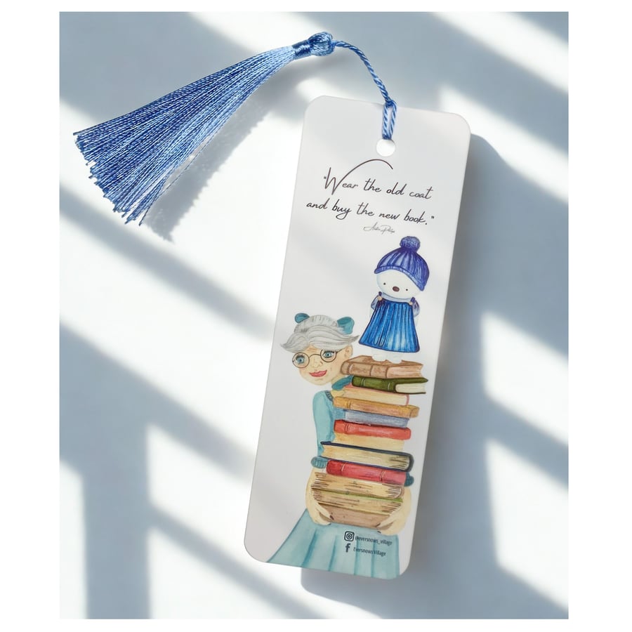 Christmas in July Bookmark – Book Stack & Snowgirl. Eversnows Village Gift Idea