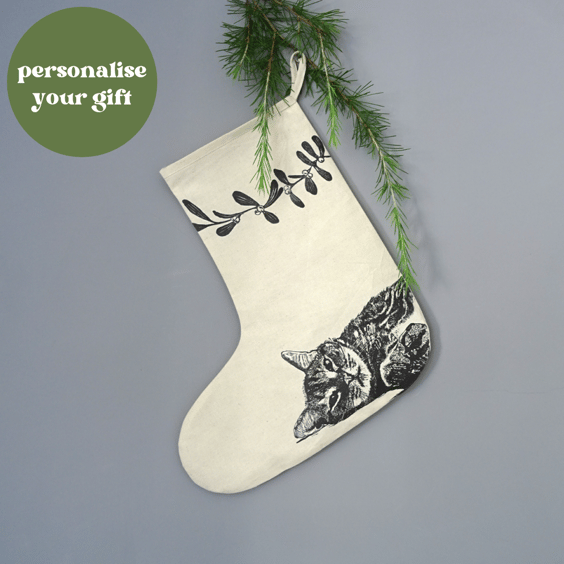 Tabby Cat Christmas Stocking, cat lover gift, personalised, pet Christmas gift