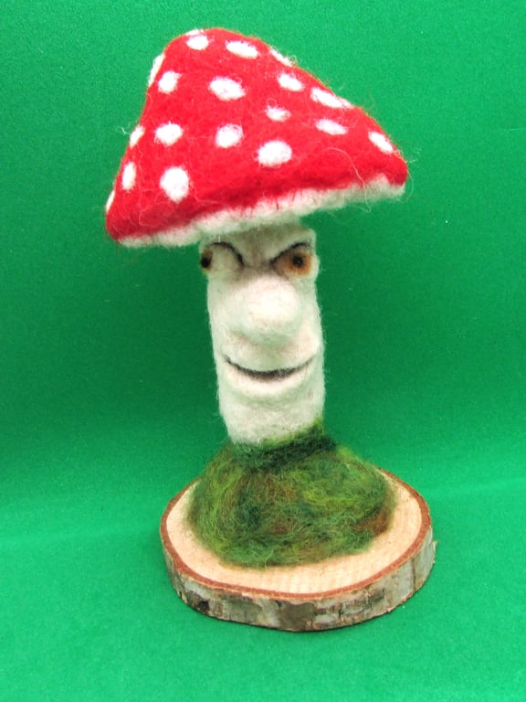  Needle Felted Fly Agaric Mushroom with Wooden Stand