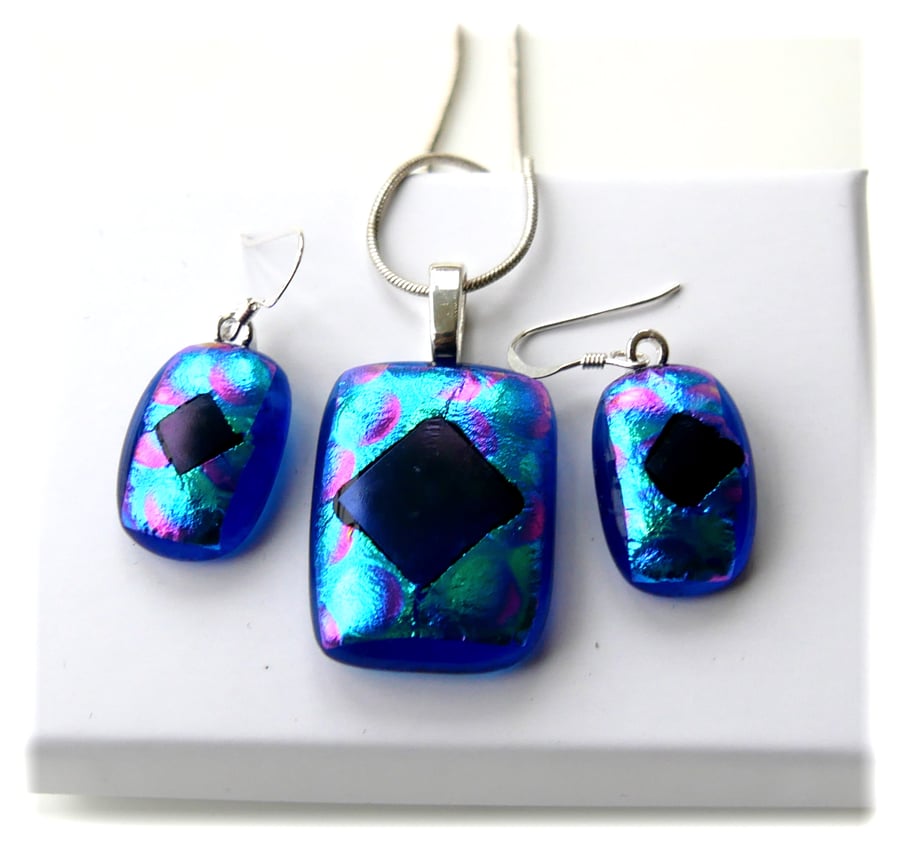 Dichroic Glass Pendant Earring Set 110 Teal Bubbles with silver plated chain