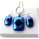 Dichroic Glass Pendant Earring Set 110 Teal Bubbles with silver plated chain