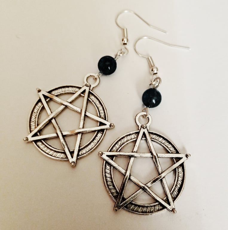 Black Onyx Pentacle Pentagram Earrings Wicca Pagan New Age