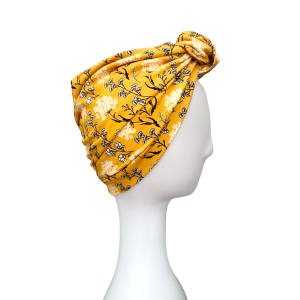 Mustard women's hair turban, Floral Retro Front Knot Turban Hat