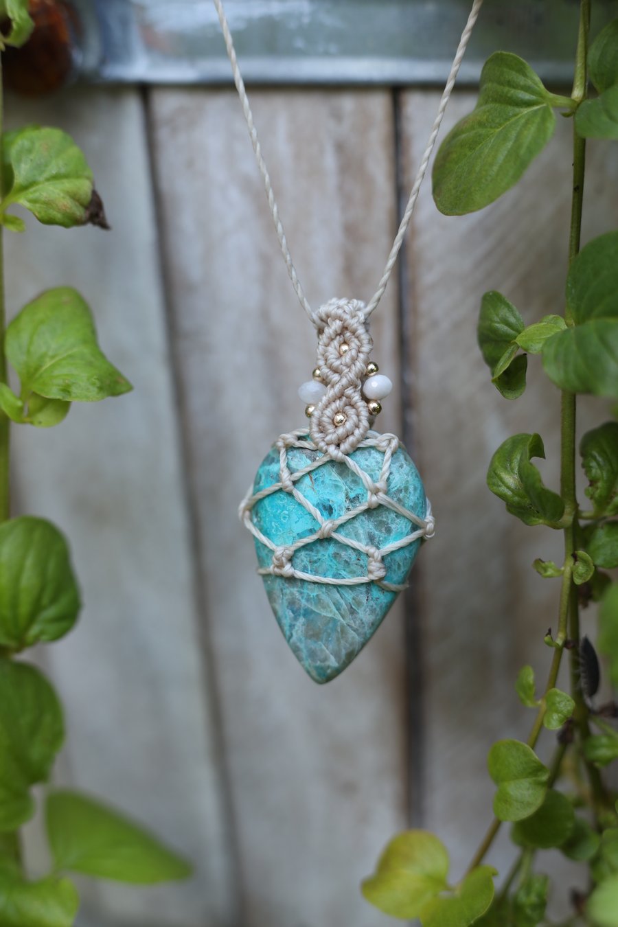 Chrysocolla and moonstone macrame necklace 