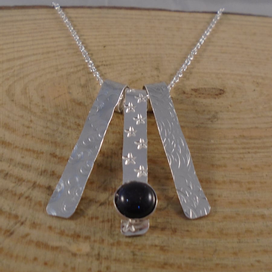 Sterling Silver Blue Goldstone Textured Strips Necklace